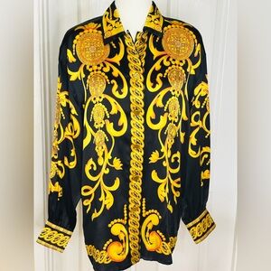 Escada Blouse Rare Vintage Baroque Black Gold Long Sleeve Size 40 8 US 100% Silk